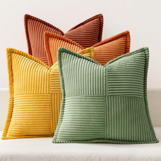 Fall Burnt Orange Green Throw Pillow Covers 18X18 Inch 4 Packs Soft Boho Decorative Color-Clash Pillow Cases Modern Farmhouse Cushion Cases for Couch Sofa Bed Corduroy Striped Home Decor