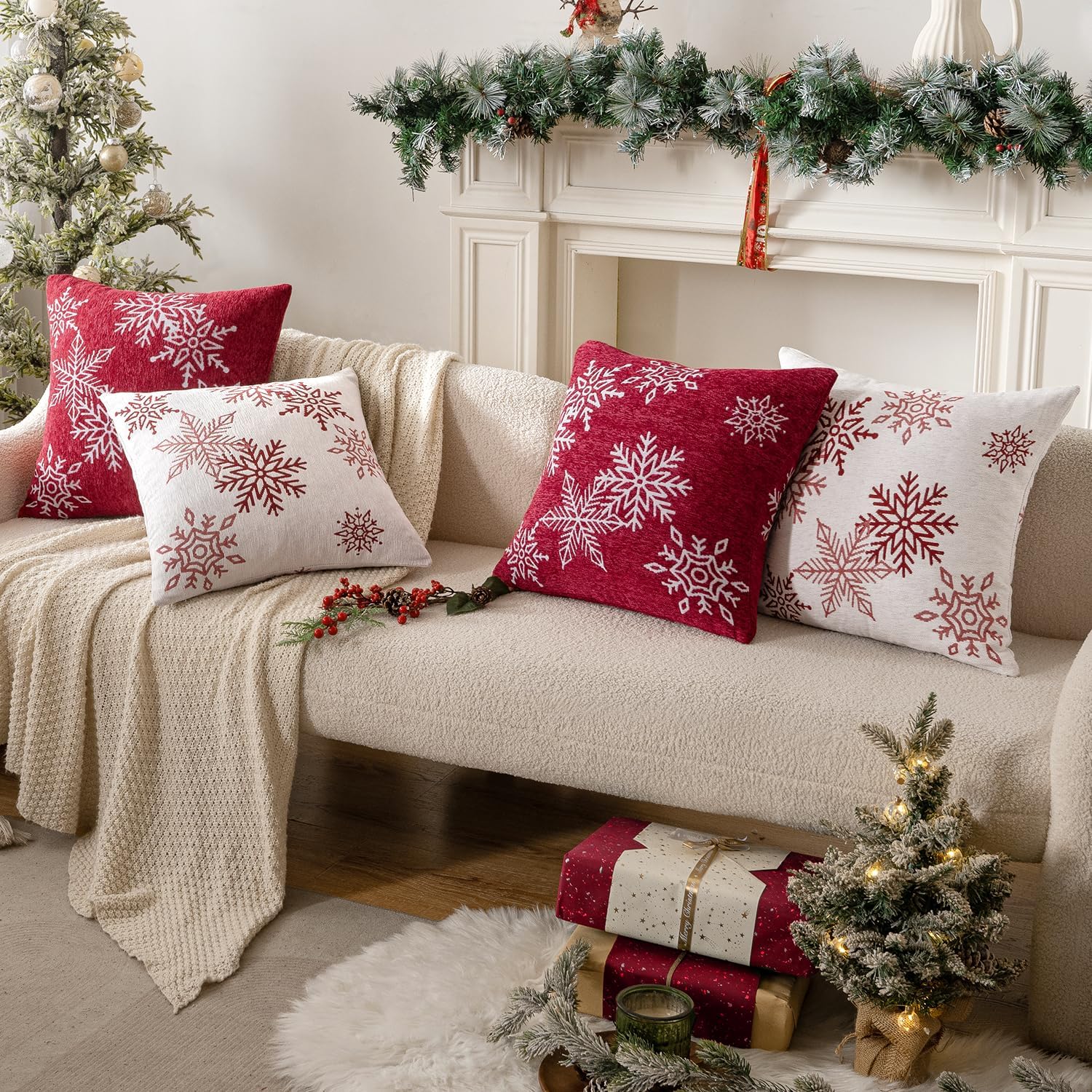 Christmas 2 Pack Red Chenille Throw Pillow Covers Soft Pillow Cases with Snowflake Embroidery Morden for Holiday Decoration Sofa Couch Bedroom Home Decor,18X18 Inch