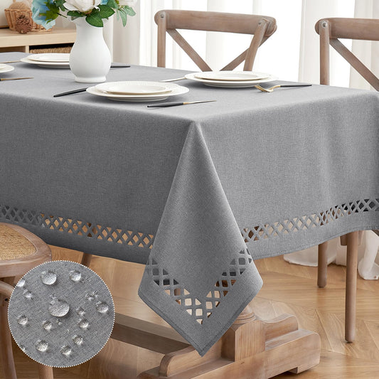 Light Grey Thick Polyester Linen Rectangle Tablecloth Decorative Cutouts Waterproof Stain and Wrinkle Resistant Table Cloth Table Cover for Dining Party Buffet Camping Wedding, 52 X 70 Inch