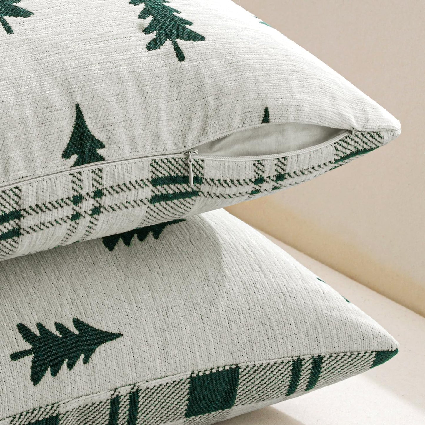 Christmas Decorative Chenille Throw Pillow Covers, 18X18 Inch, White Dark Green Tree, Set of 2 Cute Trees with Plaid Patterns Pillows for Sofa Couch Bedroom Chair Xmas Home Decor