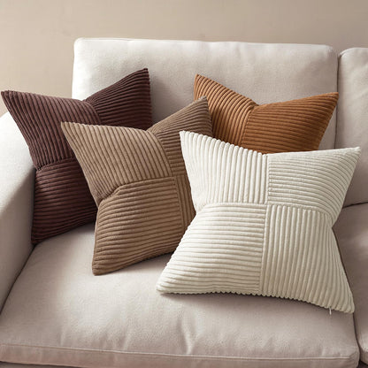 Brown Throw Pillow Covers 18X18 Inch Set of 4 Boho Farmhouse Cushion Cases Neutral Gradient Corduroy Pillow Cases with Invisible Zipper Patchwork Home Decor for Couch Sofa Bed