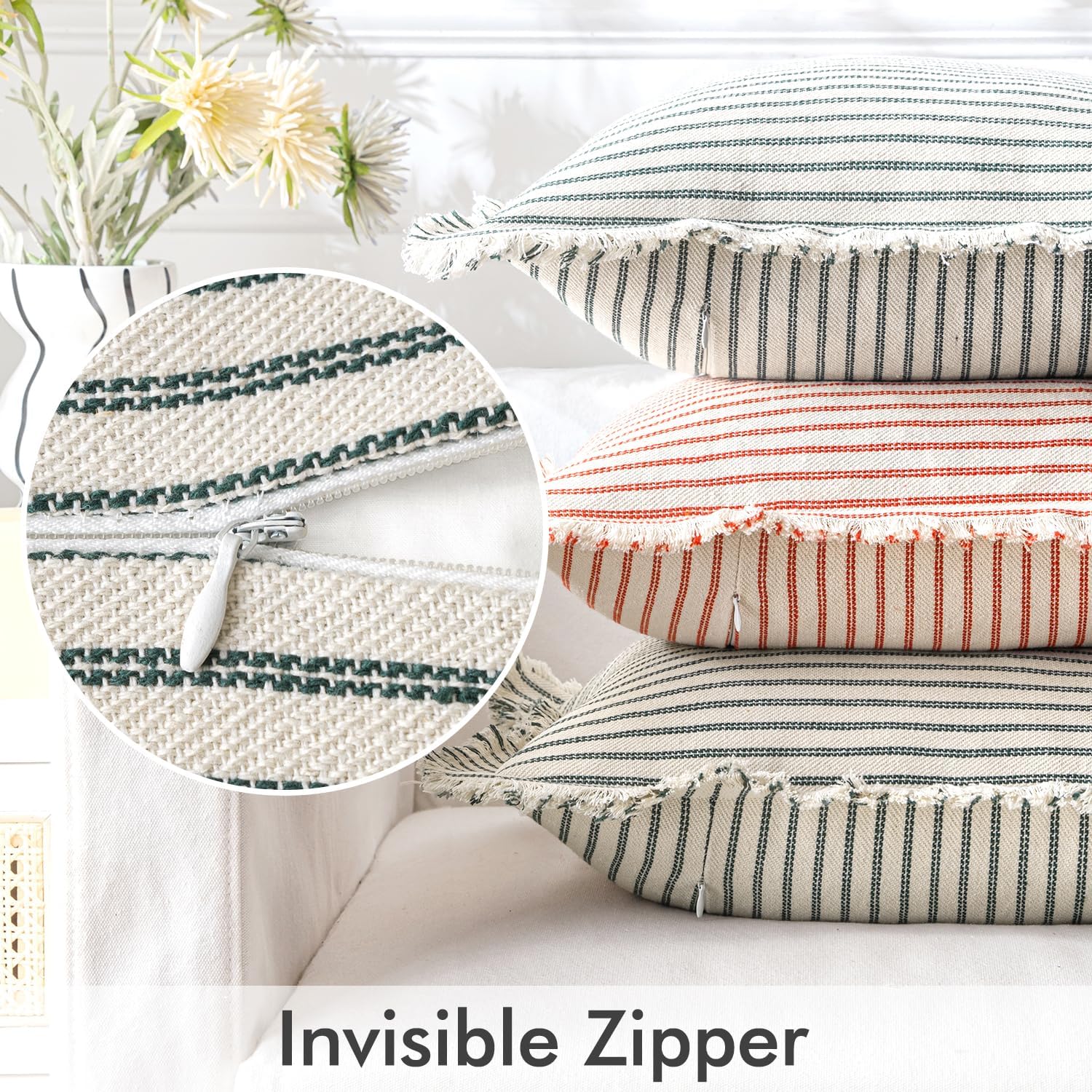 Pack of 2 Christmas Dark Green Pillow Covers 20X20 Inch Striped Farmhouse Couch Throw Pillow Covers with Fringe Chic Linen Decorative Cushion Covers for Sofa Living Room Bed Outdoor Home Decor