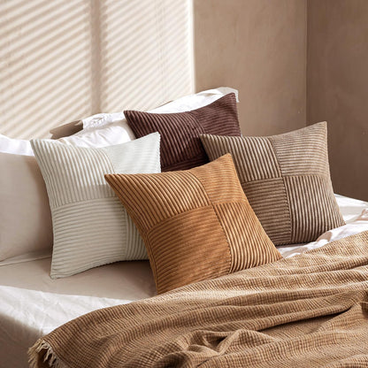 Brown Throw Pillow Covers 18X18 Inch Set of 4 Boho Farmhouse Cushion Cases Neutral Gradient Corduroy Pillow Cases with Invisible Zipper Patchwork Home Decor for Couch Sofa Bed