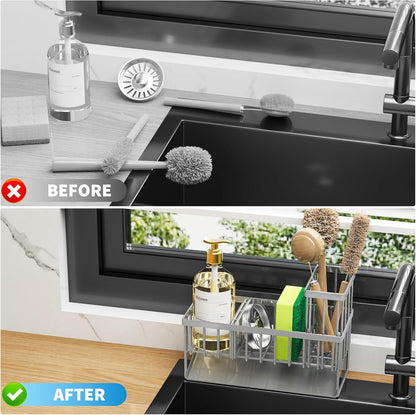 Sink Caddy Organzier with High Brush Holder, Sponge Holder for Sink, 304 Rustproof Stainless, Kitchen Countertop Soap Dispenser Organizer, Gray Kitchen Decor and Accessories