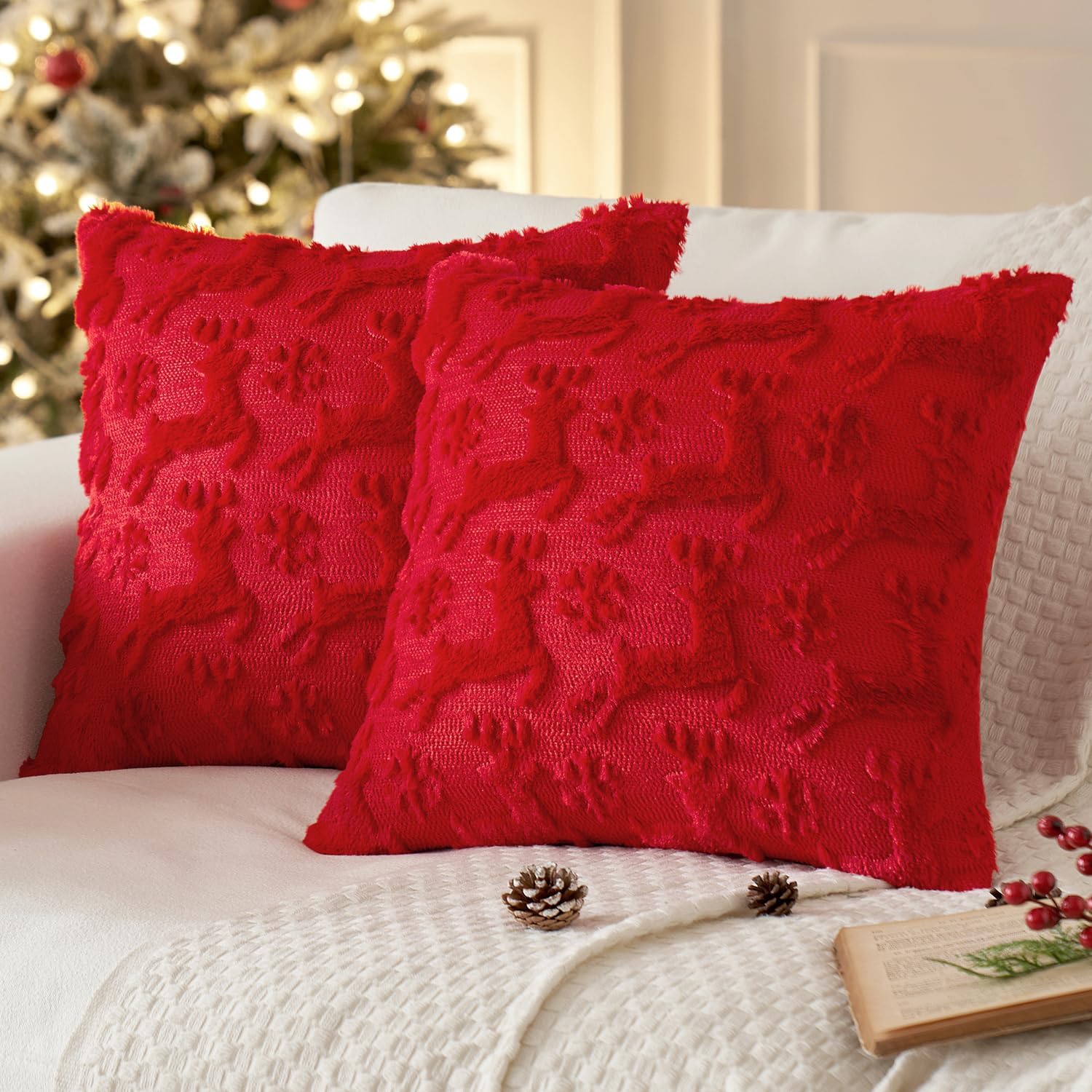 Christmas Reindeer and Snowflakes Pillow Covers 18X18 Inch Red Throw Pillows Set of 2 Decorative Festival Soft Fluffy Winter Pillow Covers for Home Decors Couch Sofa Livingroom Bed