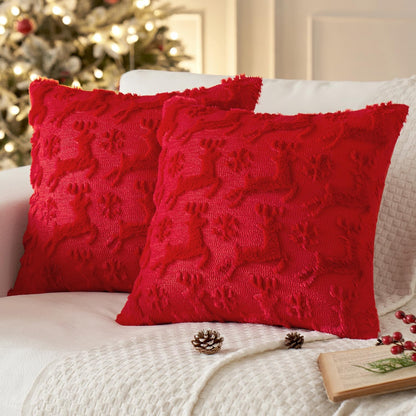 Christmas Reindeer and Snowflakes Pillow Covers 18X18 Inch Red Throw Pillows Set of 2 Decorative Festival Soft Fluffy Winter Pillow Covers for Home Decors Couch Sofa Livingroom Bed