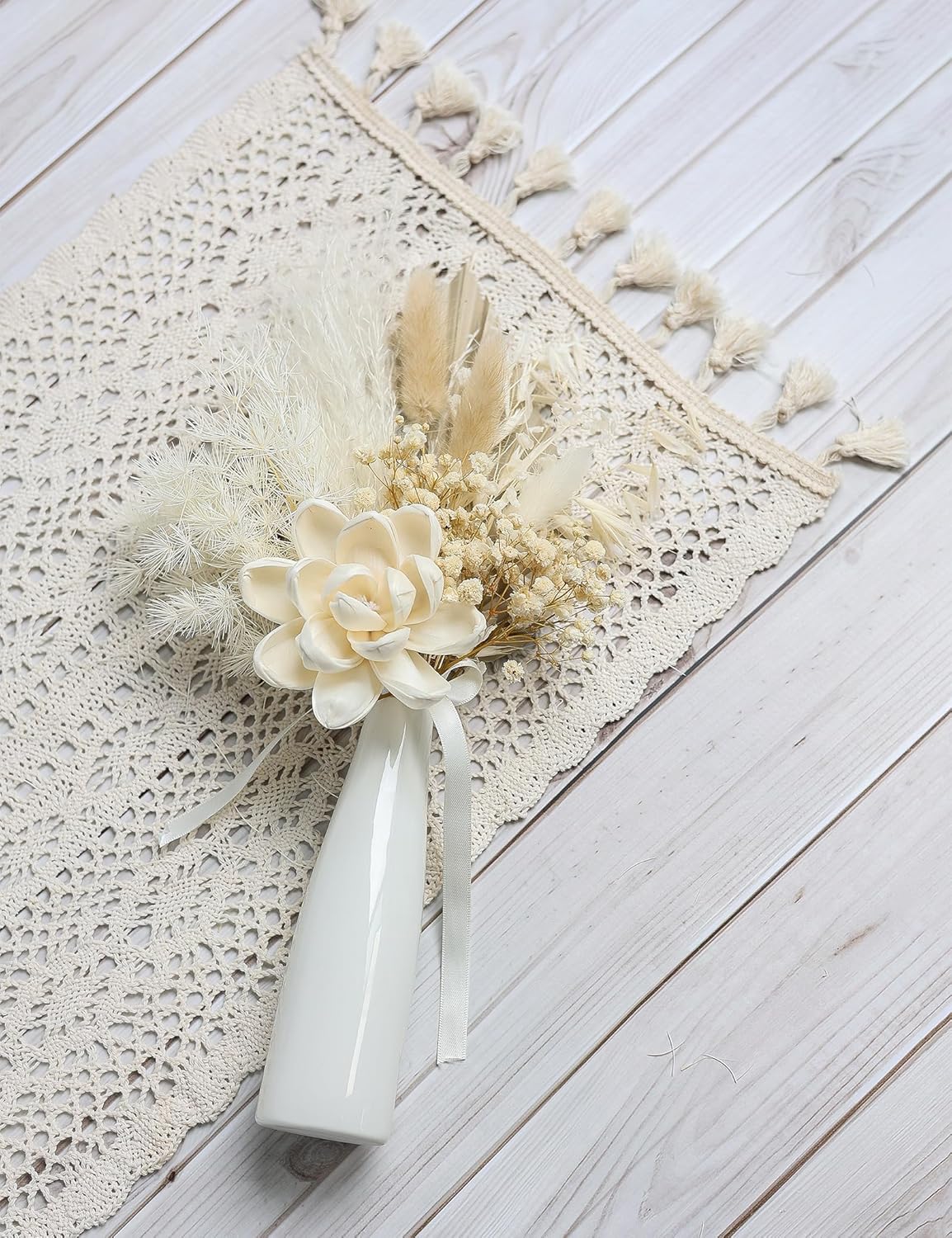 Dried Flowers Bouquet with Vase,Dried Pampas Grass Bouquet, Dried Flowers for Boho Home Decor,Farmhouse Decor, Wedding Party Table Centrepieces. (White)