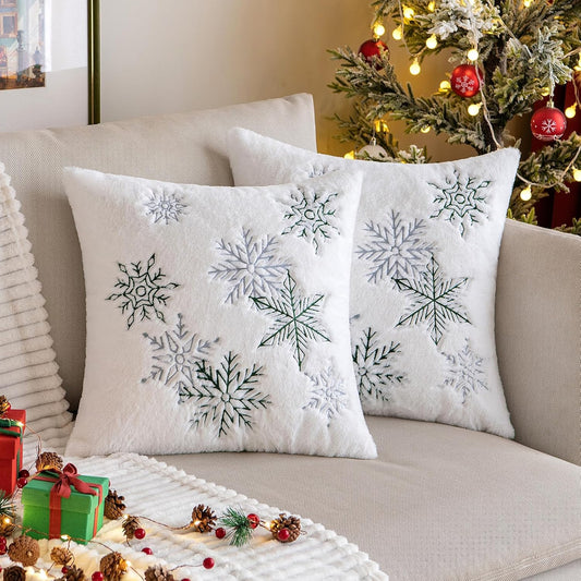 Pack of 2 Christmas Decorative Throw Pillow Covers Soft Faux Fur Pillow Cases with Embroidery Snowflake Winter Cute Pillowcases Holiday Decor for Couch Sofa Bedroom, 16×16 Inch, Green