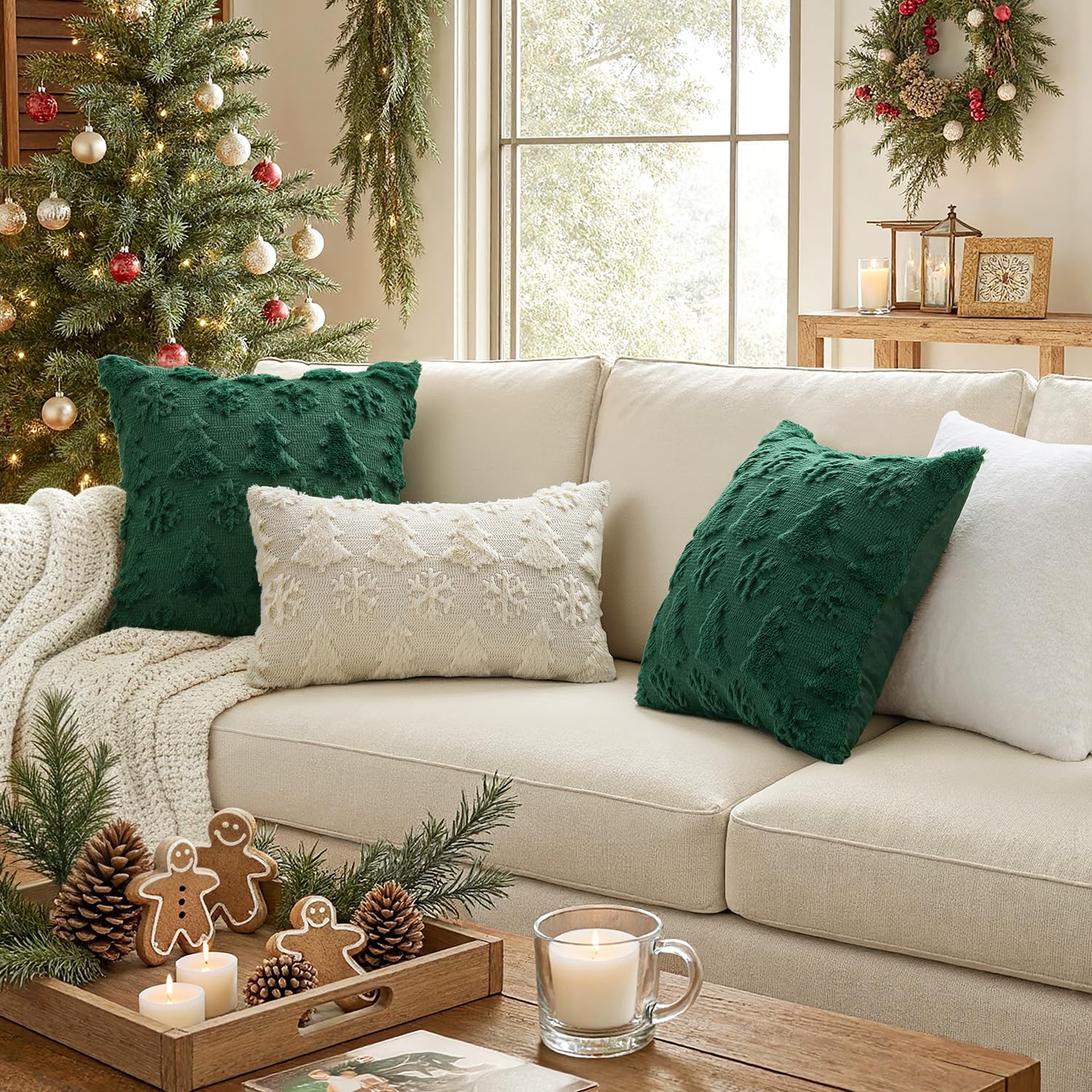 Christmas Throw Pillow Covers 18X18 Set of 2 Christmas Decorations Dark Green Soft Plush Faux Fur Wool Xmas Tree Snowflakes Pillowcases Holiday Festivals Winter Home Decor Sofa Couch Bed Porch