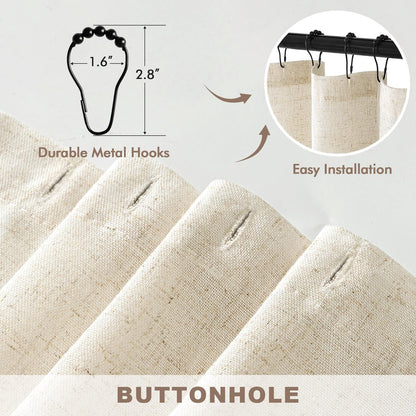 Linen Shower Curtain with 12 Metal Hooks Washable Country Boho Farmhouse Heavy Buttonhole Fabric Shower Curtain Set Thick Cloth Neutral Waterproof Curtains for Bathroom W72*L72, Natural