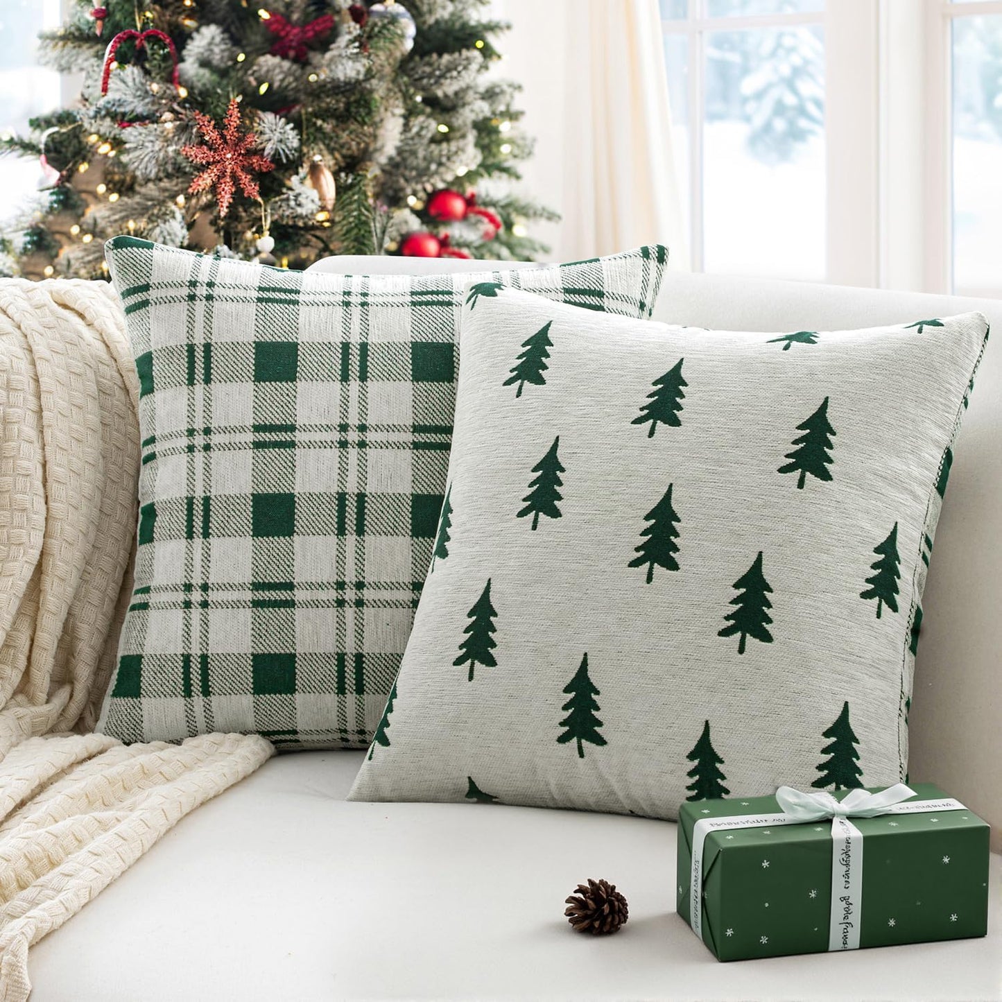Christmas Decorative Chenille Throw Pillow Covers, 18X18 Inch, White Dark Green Tree, Set of 2 Cute Trees with Plaid Patterns Pillows for Sofa Couch Bedroom Chair Xmas Home Decor