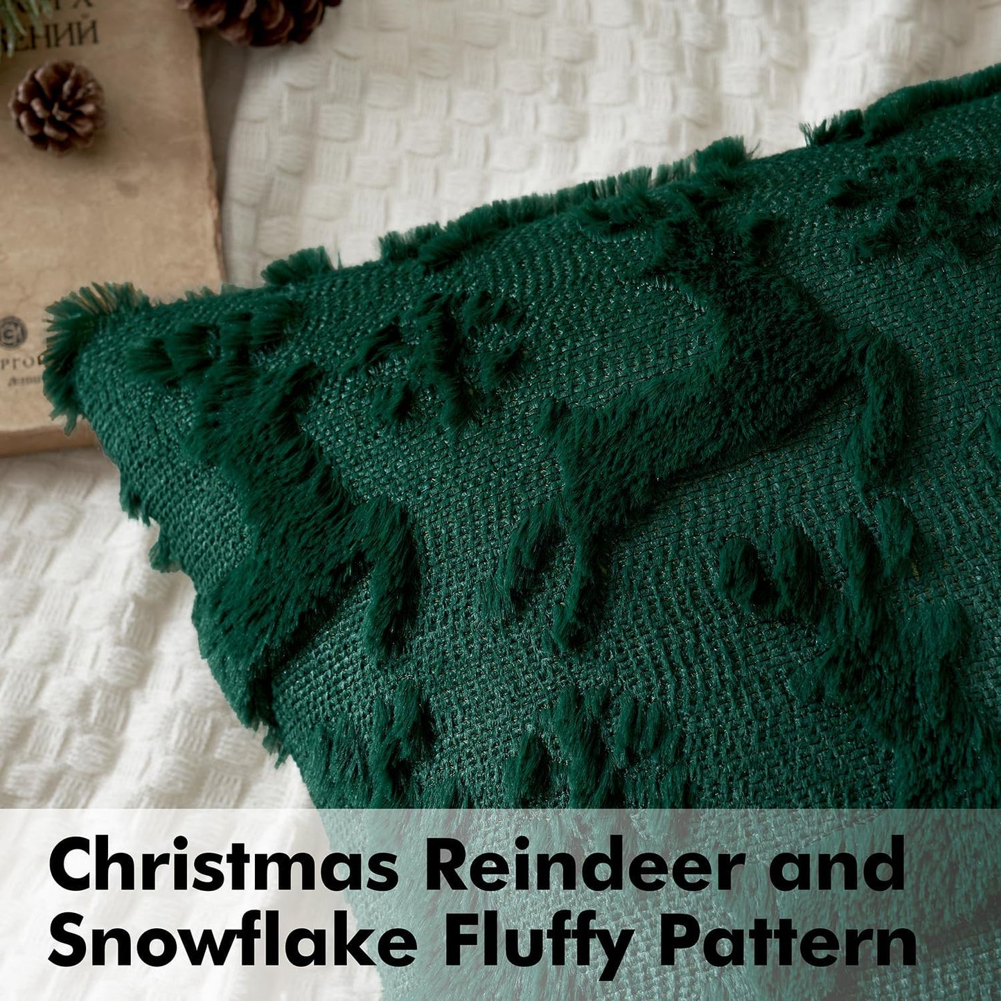 Christmas Reindeer and Snowflakes Pillow Covers 18X18 Inch Dark Green Throw Pillows Set of 2 Decorative Festival Soft Fluffy Winter Pillow Covers for Home Decors Couch Sofa Livingroom Bed