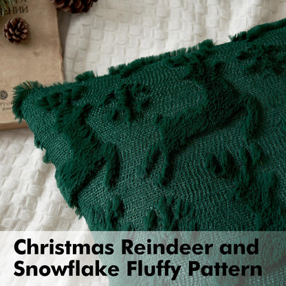 Christmas Reindeer and Snowflakes Pillow Covers 18X18 Inch Dark Green Throw Pillows Set of 2 Decorative Festival Soft Fluffy Winter Pillow Covers for Home Decors Couch Sofa Livingroom Bed