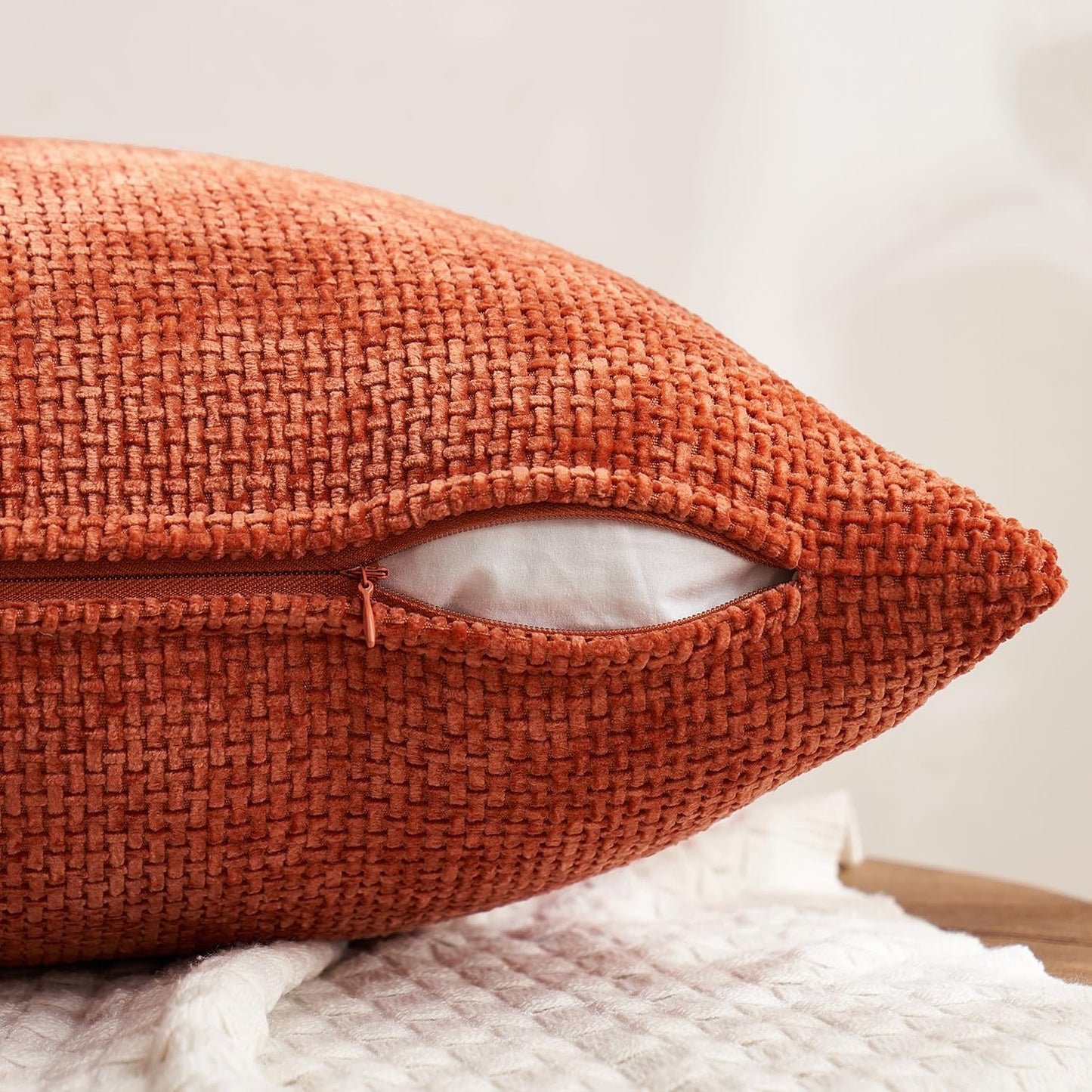 Fall Pack of 4 Couch Throw Pillow Covers 18X18 Inch Burnt Orange Soft Decorative Chenille Pillow Covers Farmhouse Accent Cushion Covers for Boho Home Decor Sofa Bedroom Living Room