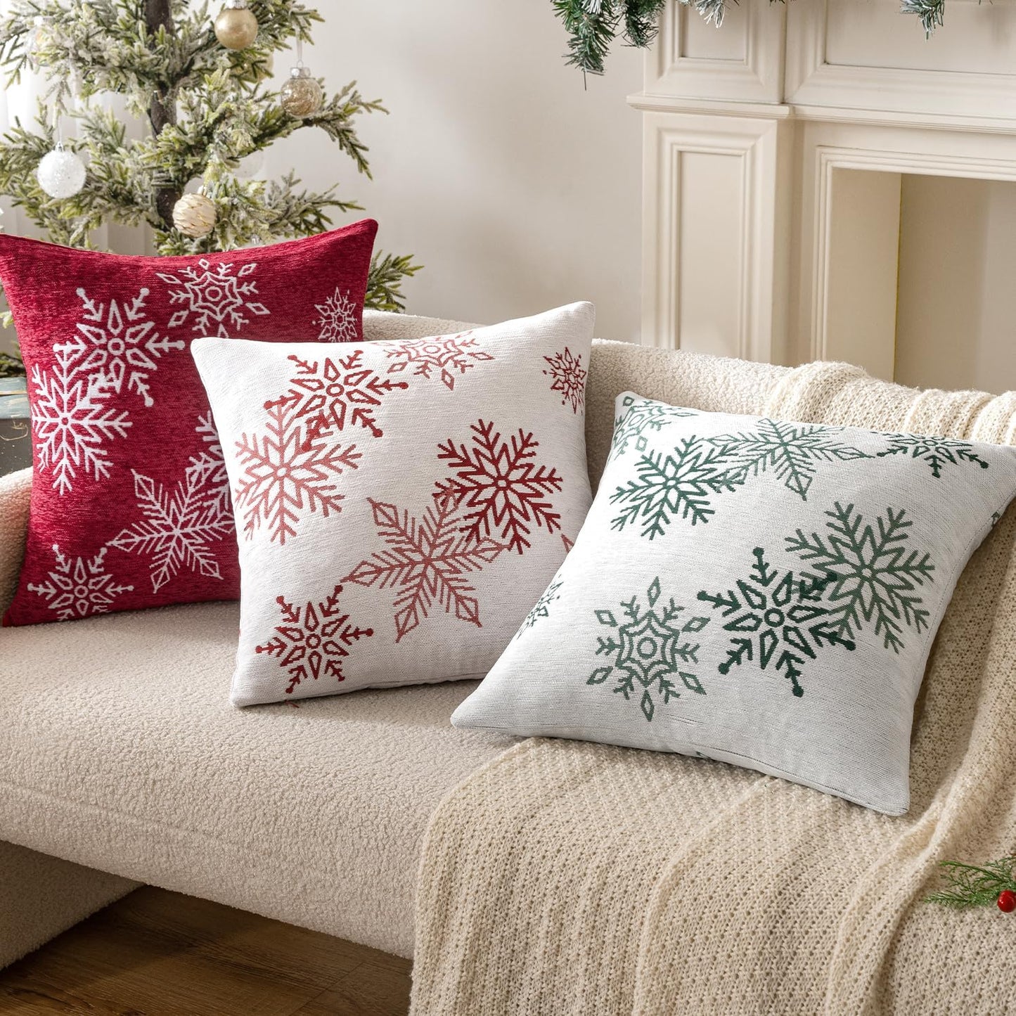 Christmas 2 Pack Red Chenille Throw Pillow Covers Soft Pillow Cases with Snowflake Embroidery Morden for Holiday Decoration Sofa Couch Bedroom Home Decor,18X18 Inch