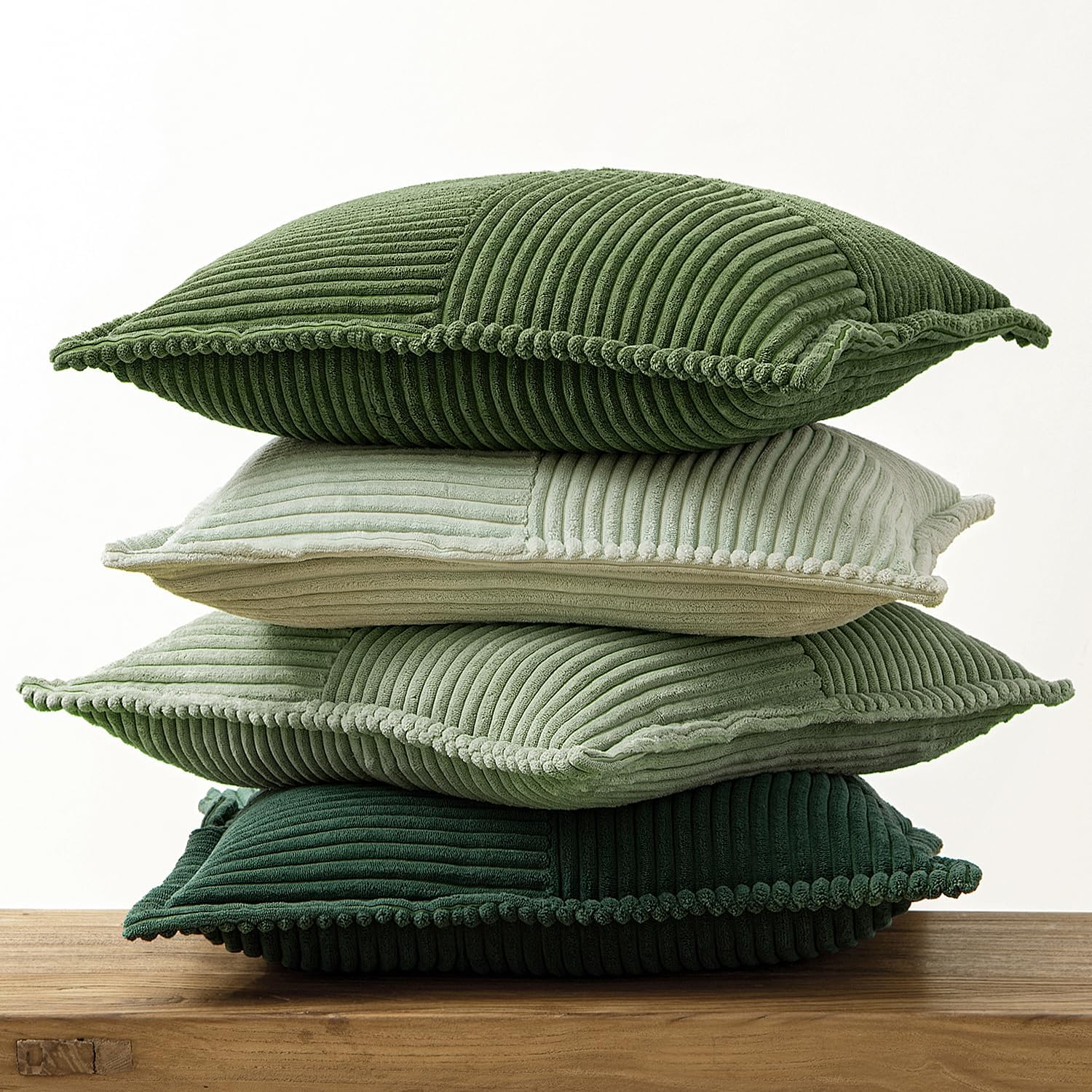 Christmas Green Decorative Throw Pillow Covers 18X18 Inch 4 Packs Soft Boho Farmhouse Pillow Cases Mordern Corduroy Patchwork Cushion Cases for Couch Sofa Bed Gradient Home Decor