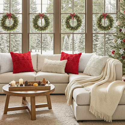 Christmas Throw Pillow Covers 18X18 Set of 2 Christmas Decorations Cream White Soft Plush Faux Fur Wool Xmas Tree Snowflakes Pillowcases Holiday Festivals Winter Home Decor Sofa Couch Bed Porch