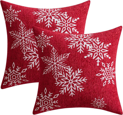 Christmas 2 Pack Red Chenille Throw Pillow Covers Soft Pillow Cases with Snowflake Embroidery Morden for Holiday Decoration Sofa Couch Bedroom Home Decor,18X18 Inch