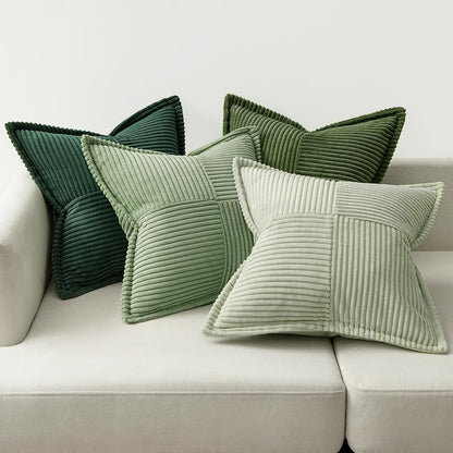 Christmas Green Decorative Throw Pillow Covers 18X18 Inch 4 Packs Soft Boho Farmhouse Pillow Cases Mordern Corduroy Patchwork Cushion Cases for Couch Sofa Bed Gradient Home Decor