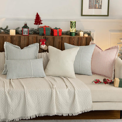 Pack of 2 Christmas Dark Green Pillow Covers 20X20 Inch Striped Farmhouse Couch Throw Pillow Covers with Fringe Chic Linen Decorative Cushion Covers for Sofa Living Room Bed Outdoor Home Decor
