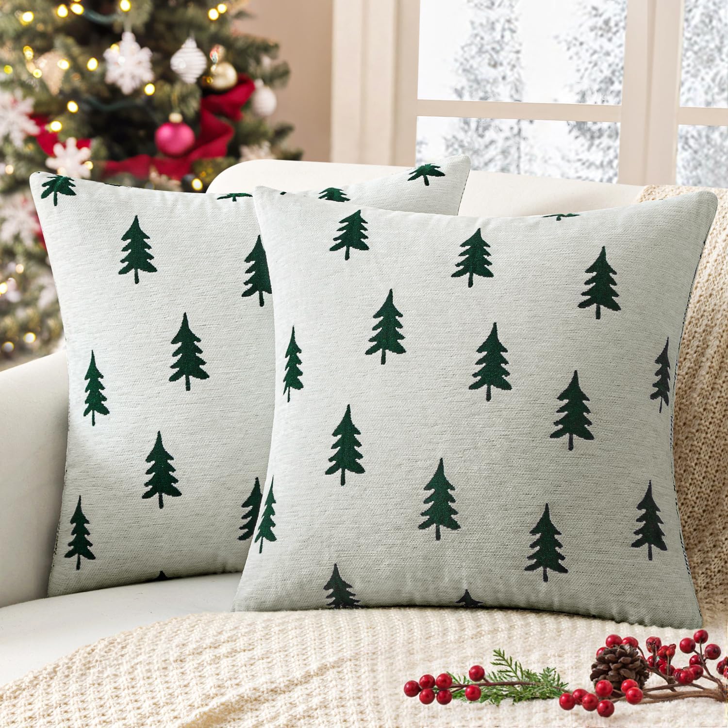 Christmas Decorative Chenille Throw Pillow Covers, 18X18 Inch, White Dark Green Tree, Set of 2 Cute Trees with Plaid Patterns Pillows for Sofa Couch Bedroom Chair Xmas Home Decor