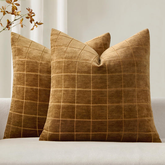 Decorative Chenille Check Throw Pillow Covers Vintage Plaid Couch Pillows 18X18 Inch Set of 2 Neutral Boho Farmhouse Cushion Covers Modern Home Decor for Sofa Bed Living Room Brown Sugar