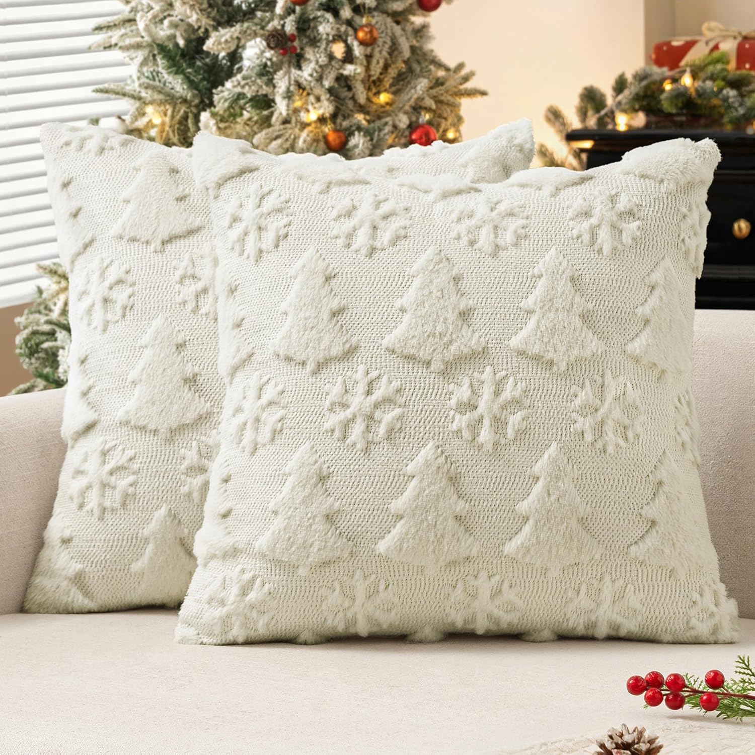 Christmas Throw Pillow Covers 18X18 Set of 2 Christmas Decorations Cream White Soft Plush Faux Fur Wool Xmas Tree Snowflakes Pillowcases Holiday Festivals Winter Home Decor Sofa Couch Bed Porch