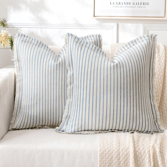 Pack of 2 Light Blue Pillow Covers 20X20 Inch Striped Farmhouse Couch Spring Throw Pillow Covers with Fringe Chic Cotton Decorative Cushion Covers for Sofa Living Room Bed Outdoor Home Decor