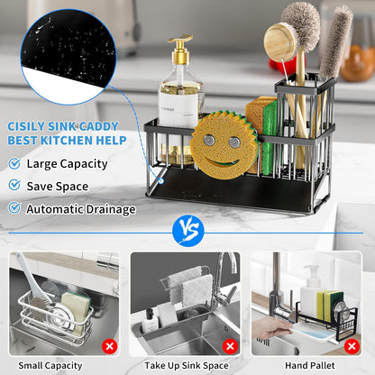 Sink Caddy with Smiley Face Sponge Holder, 304 Stainless Steel Rustproof(Black)