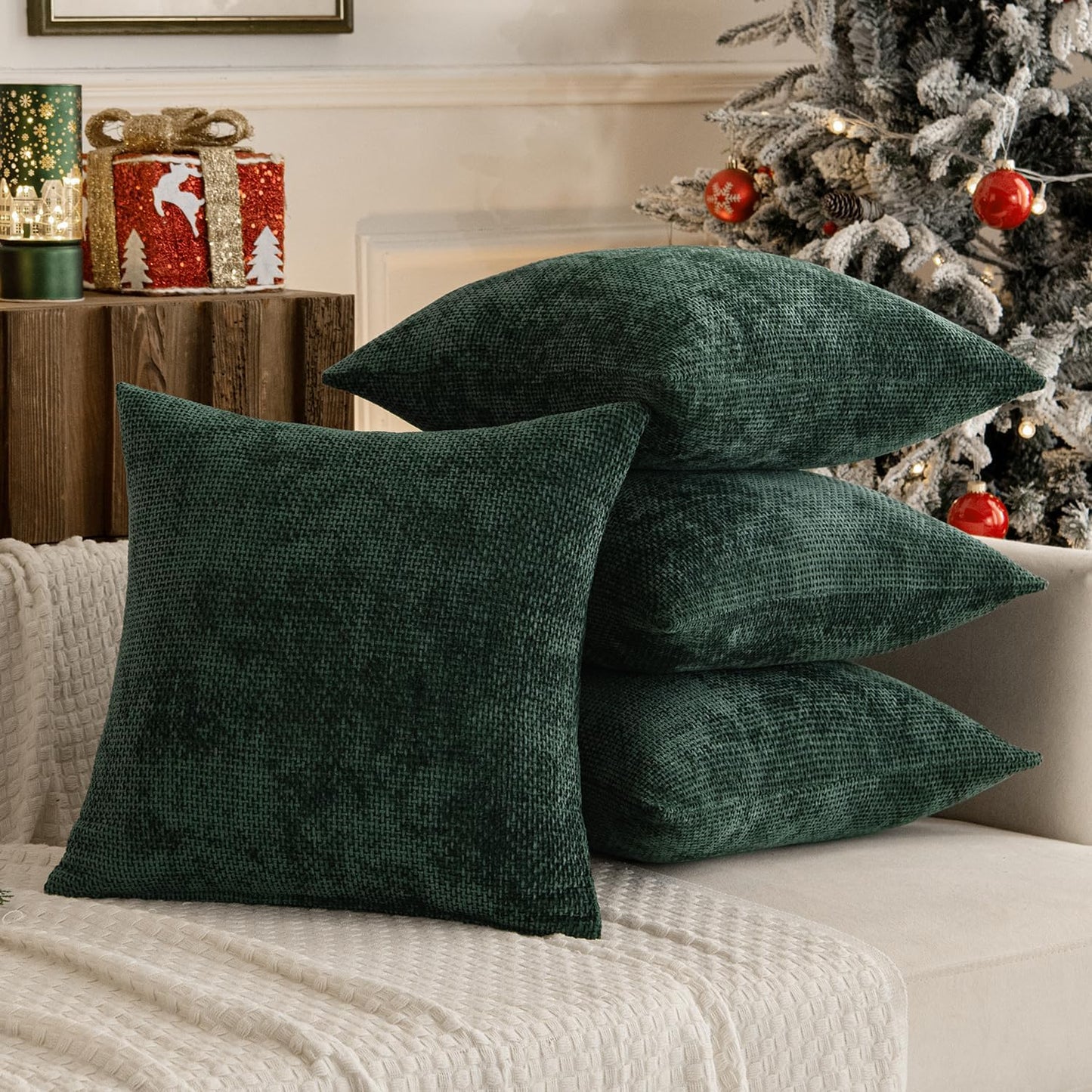 Christmas Green Pack of 4 Couch Throw Pillow Covers 18X18 Inch Soft Decorative Chenille Pillow Covers Farmhouse Accent Cushion Covers for Boho Home Decor Sofa Bedroom Living Room