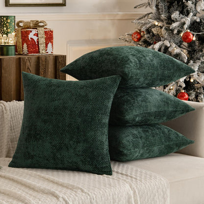 Christmas Green Pack of 4 Couch Throw Pillow Covers 18X18 Inch Soft Decorative Chenille Pillow Covers Farmhouse Accent Cushion Covers for Boho Home Decor Sofa Bedroom Living Room