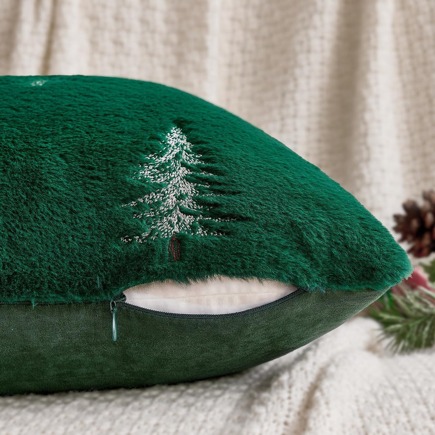 Christmas Decorative Pillow Covers Set of 2 Faux Fur Throw Pillows with Embroidered Christmas Tree 18X18 Inch Green White Winter Couch Covers for Festival Sofa Bedroom Living Room Home Decor