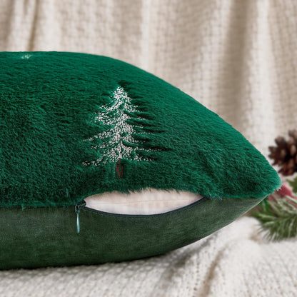 Christmas Decorative Pillow Covers Set of 2 Faux Fur Throw Pillows with Embroidered Christmas Tree 18X18 Inch Green White Winter Couch Covers for Festival Sofa Bedroom Living Room Home Decor