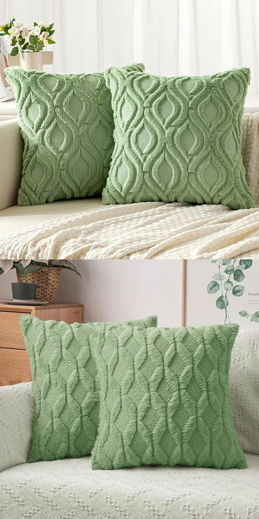 Sage Green Throw Pillow Covers 18X18 Inch, Soft Plush Faux Wool Couch Pillow Covers Set of 2 Decorative Farmhouse Boho Throw Pillows for Sofa Living Room Bed