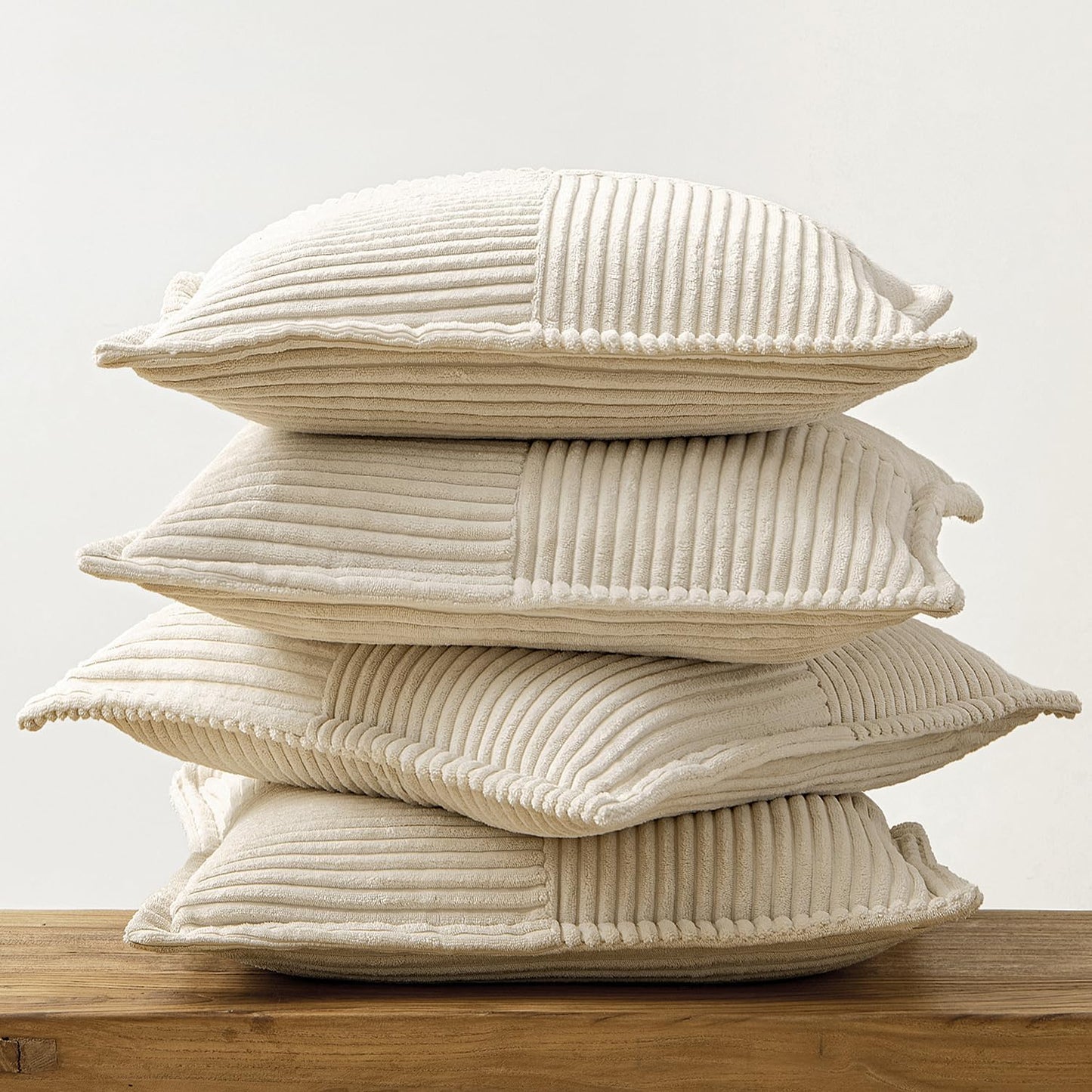 Beige Throw Pillow Covers 18X18 Inch 4 Packs Soft Boho Decorative Pillow Cases Accent Farmhouse Corduroy Patchwork Cushion Cases with Invisible Zipper for Couch Sofa Bed Home Decor