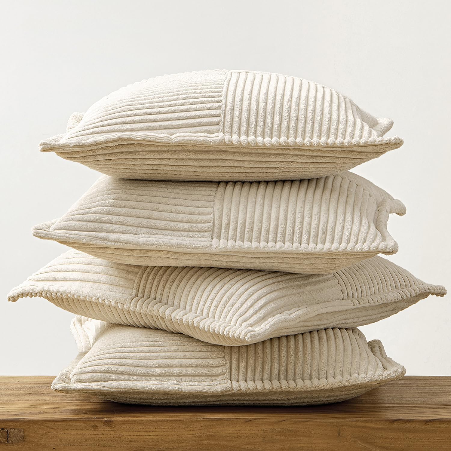 Beige Throw Pillow Covers 18X18 Inch 4 Packs Soft Boho Decorative Pillow Cases Accent Farmhouse Corduroy Patchwork Cushion Cases with Invisible Zipper for Couch Sofa Bed Home Decor