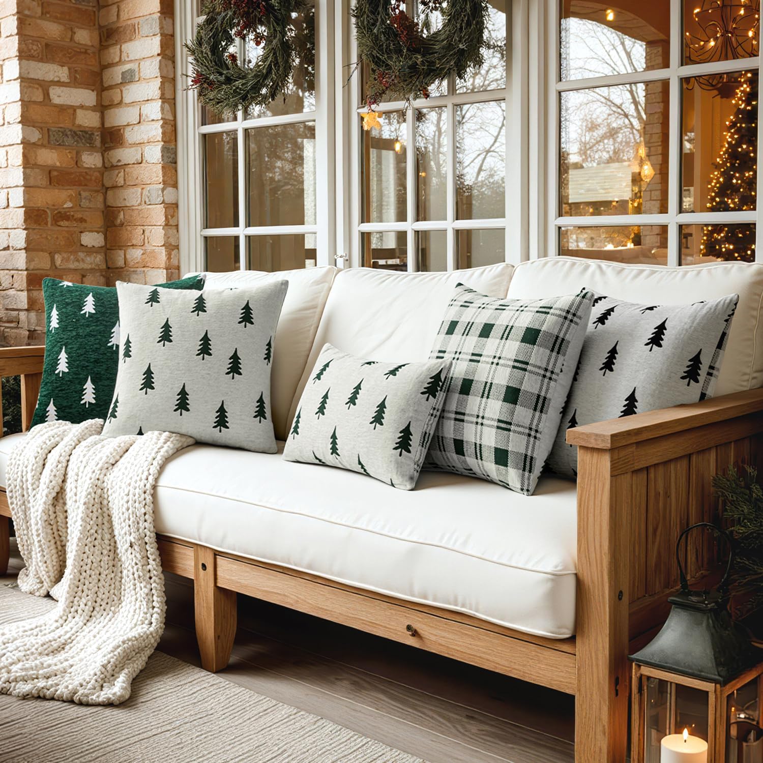 Christmas Decorative Chenille Throw Pillow Covers, 18X18 Inch, White Dark Green Tree, Set of 2 Cute Trees with Plaid Patterns Pillows for Sofa Couch Bedroom Chair Xmas Home Decor