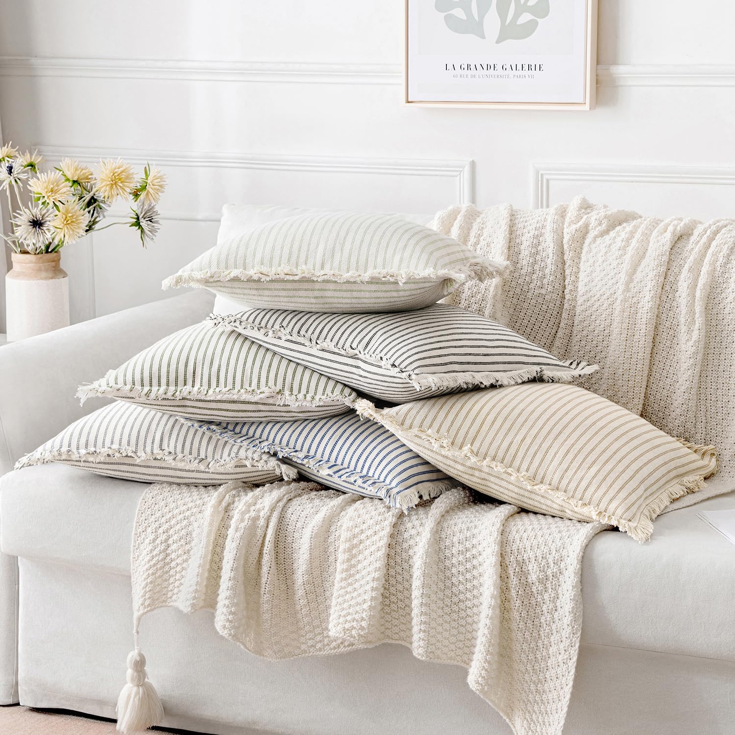 Pack of 2 Khaki Pillow Covers 20X20 Inch Striped Farmhouse Couch Throw Pillow Covers with Fringe Chic Linen Decorative Cushion Covers for Sofa Living Room Bed Outdoor Home Decor