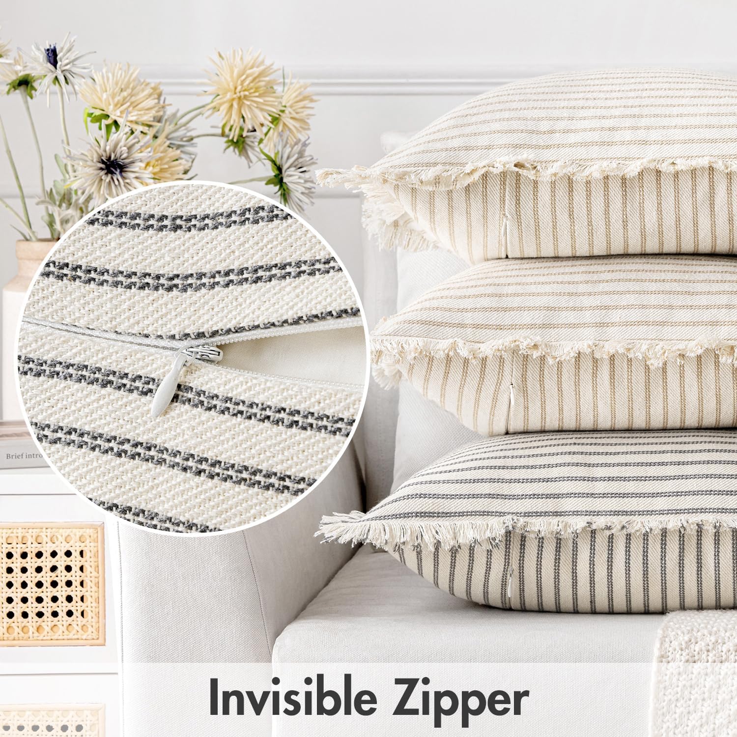 Pack of 2 Gray Pillow Covers 20X20 Inch Striped Farmhouse Couch Throw Pillow Covers with Fringe Chic Linen Decorative Cushion Covers for Sofa Living Room Bed Outdoor Home Decor