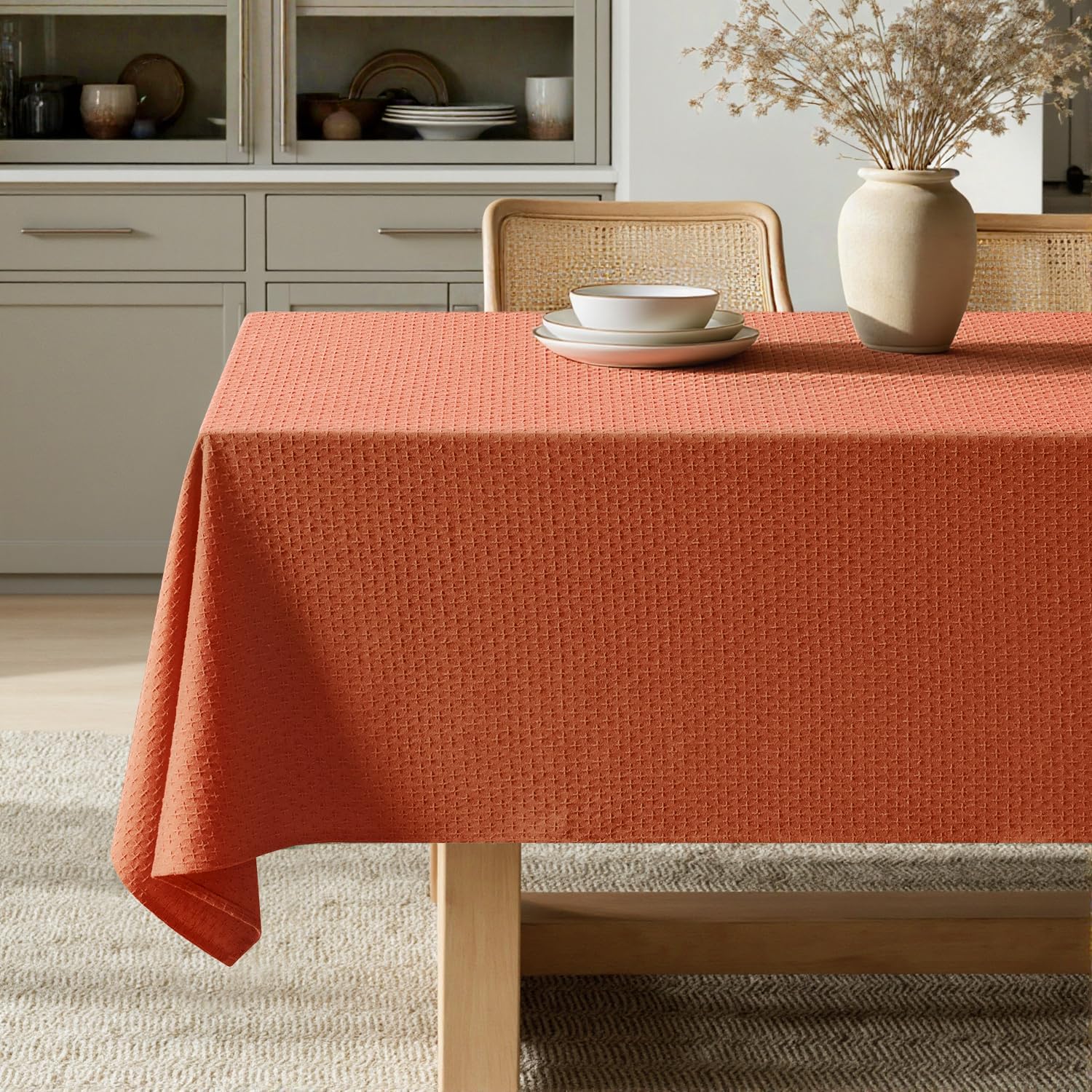 Fall Tablecloth Burnt Orange Linen Cottton Table Cloth Rectangle Waterproof Spillproof Cross-Star Textured Decorative Farmhouse Style for Dining Party Weddings 52X70 Inch