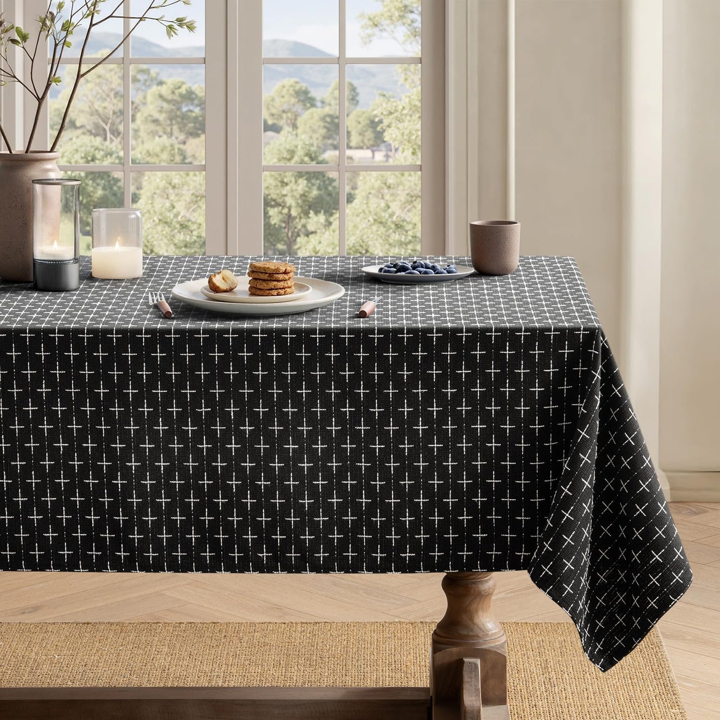 Black Linen Table Cloth Rectangle Tablecloth Waterproof Spillproof Cross-Star Textured Table Cloth, Decorative Rustic Farmhouse Style for Dining/Party/Buffet/Wedding,52X70 Inch