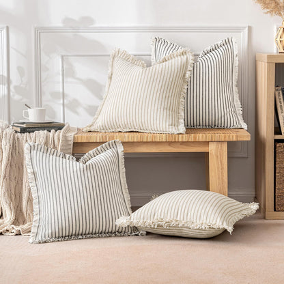 Pack of 2 Gray Pillow Covers 20X20 Inch Striped Farmhouse Couch Throw Pillow Covers with Fringe Chic Linen Decorative Cushion Covers for Sofa Living Room Bed Outdoor Home Decor