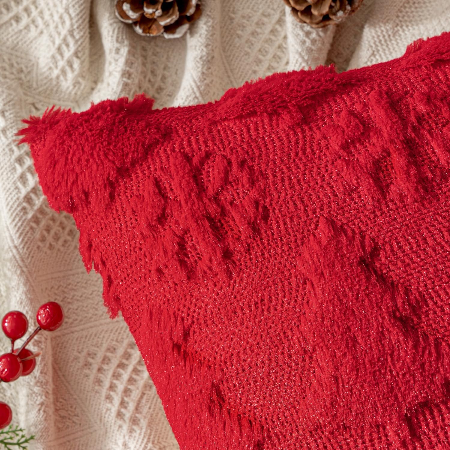 Christmas Throw Pillow Covers 18X18 Set of 2 Christmas Decorations Red Soft Plush Faux Fur Wool Xmas Tree Snowflakes Pillowcases Holiday Festivals Winter Home Decor Sofa Couch Bed Porch