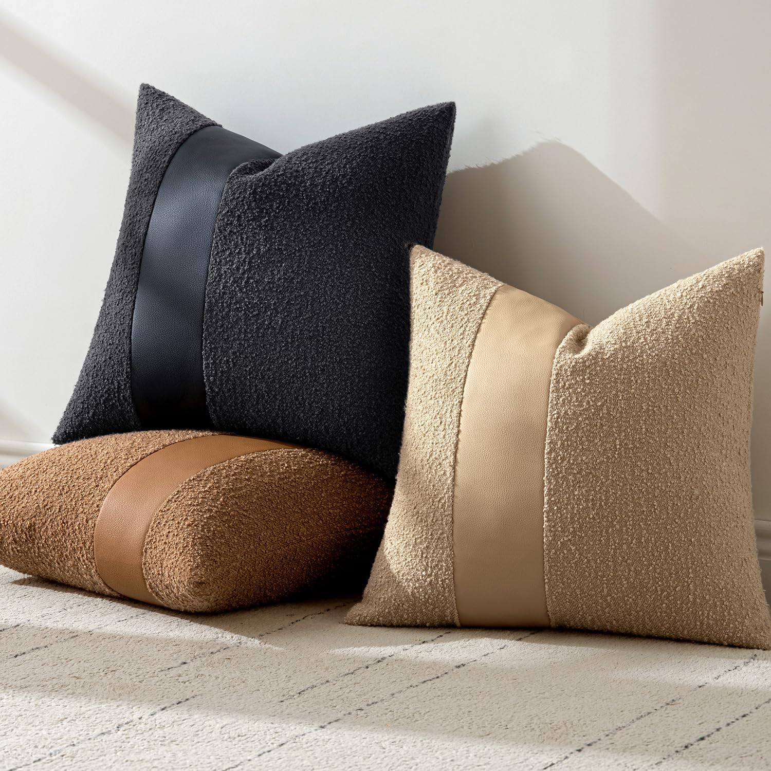 Boucle Throw Pillow Covers 18X18 Inch Set of 2 Black Faux Leather Textured Decorative Pillow Cases Boho Farmhouse Accents Cushion Covers for Couch Bed Livingroom Home Decor