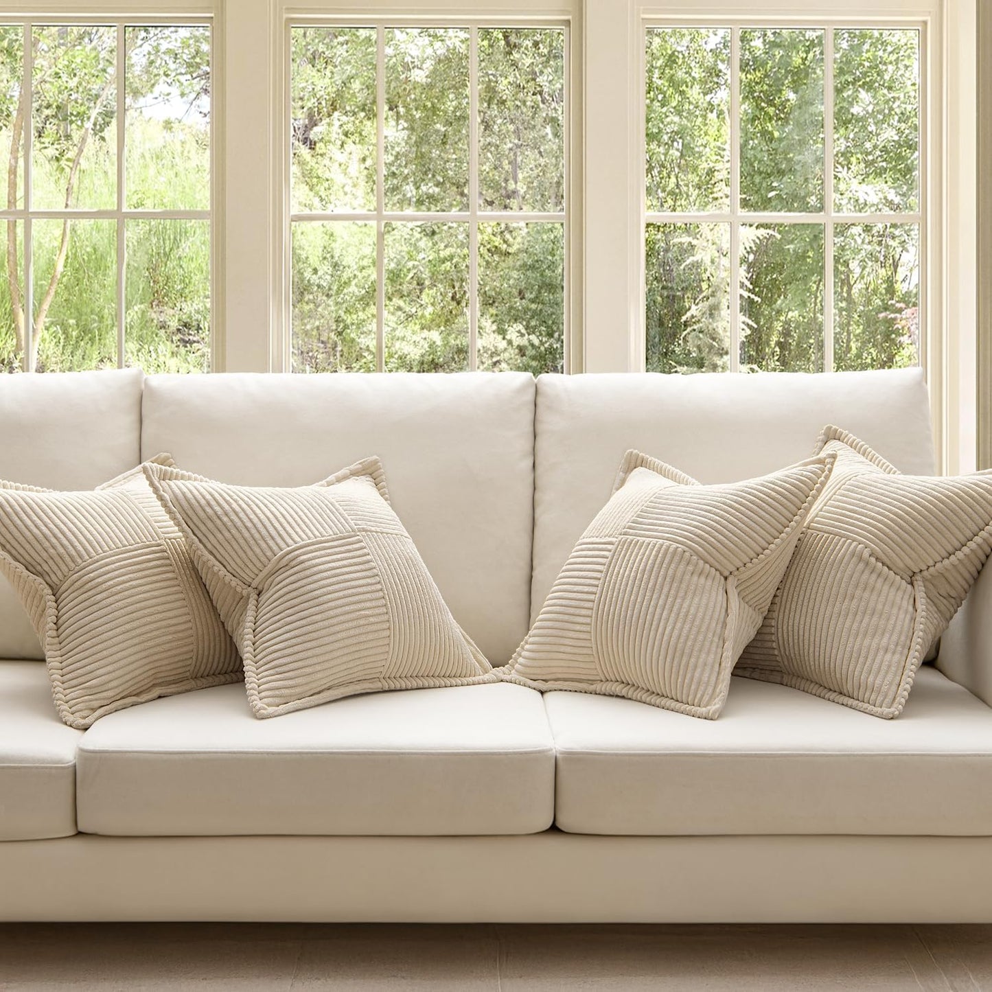 Beige Throw Pillow Covers 18X18 Inch 4 Packs Soft Boho Decorative Pillow Cases Accent Farmhouse Corduroy Patchwork Cushion Cases with Invisible Zipper for Couch Sofa Bed Home Decor