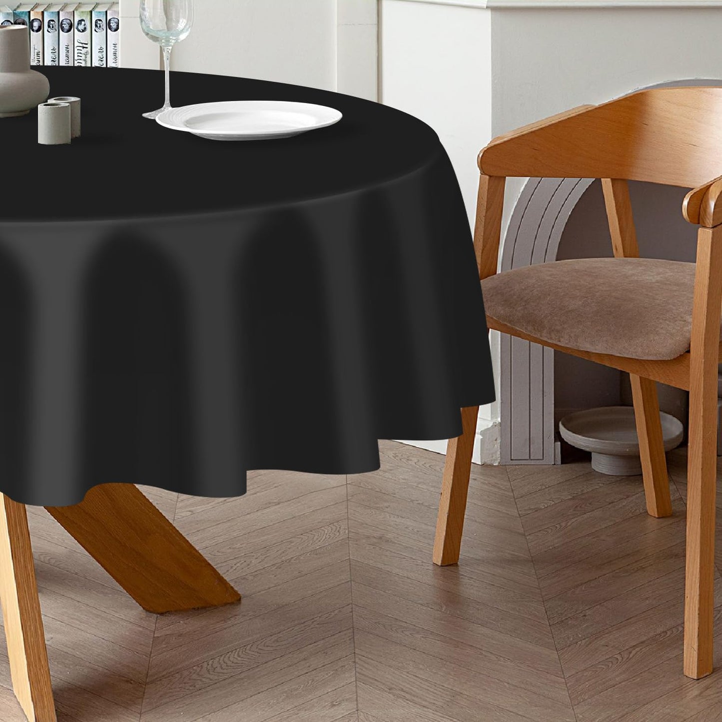 Black round Tablecloth 2 Pack, 84 Inch Plastic Table Cover Disposable for Parties