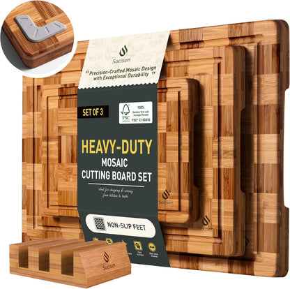 3 Pack Heavy Duty Bamboo Cutting Board Set Non Toxic Wooden Cutting Board for Kitchen Non Slip Solid End Grain Thick Wood Juice Groove Chopping Board Extra Large Big Small Best House Warming Gift