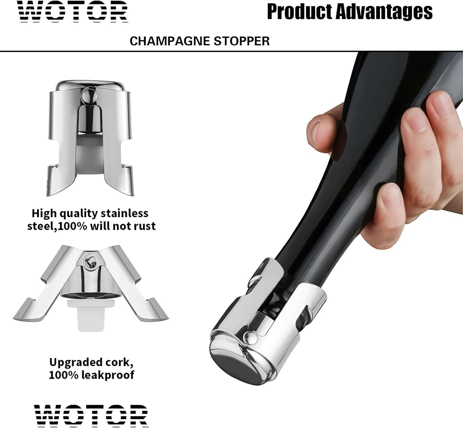 Champagne Stoppers Stainless Steel, Prosecco Bottle Stopper with Food Grade Silicone, Reusable Champagne Cork & Saver, Leak Proof Keep Fresh (Silver, 2 Pack)