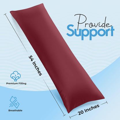 Full Body Pillow for Adults (Burgundy, 20 X 54 Inch), Long Pillow Insert for Sleeping, Ideal for Side Sleepers