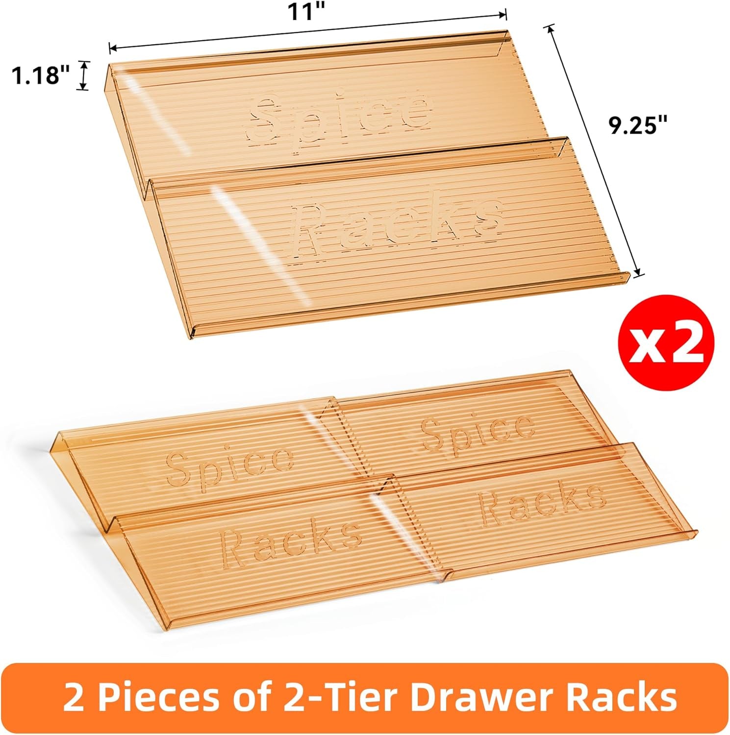 Spice Drawer Organizer, 2 Tier- 2 Pack Amber Acrylic Drawer Seasoning Organizer, Expandable from 11'' to 22'' Kitchen Spice Rack Organizers and Storage for Drawer (Jars Not Included)